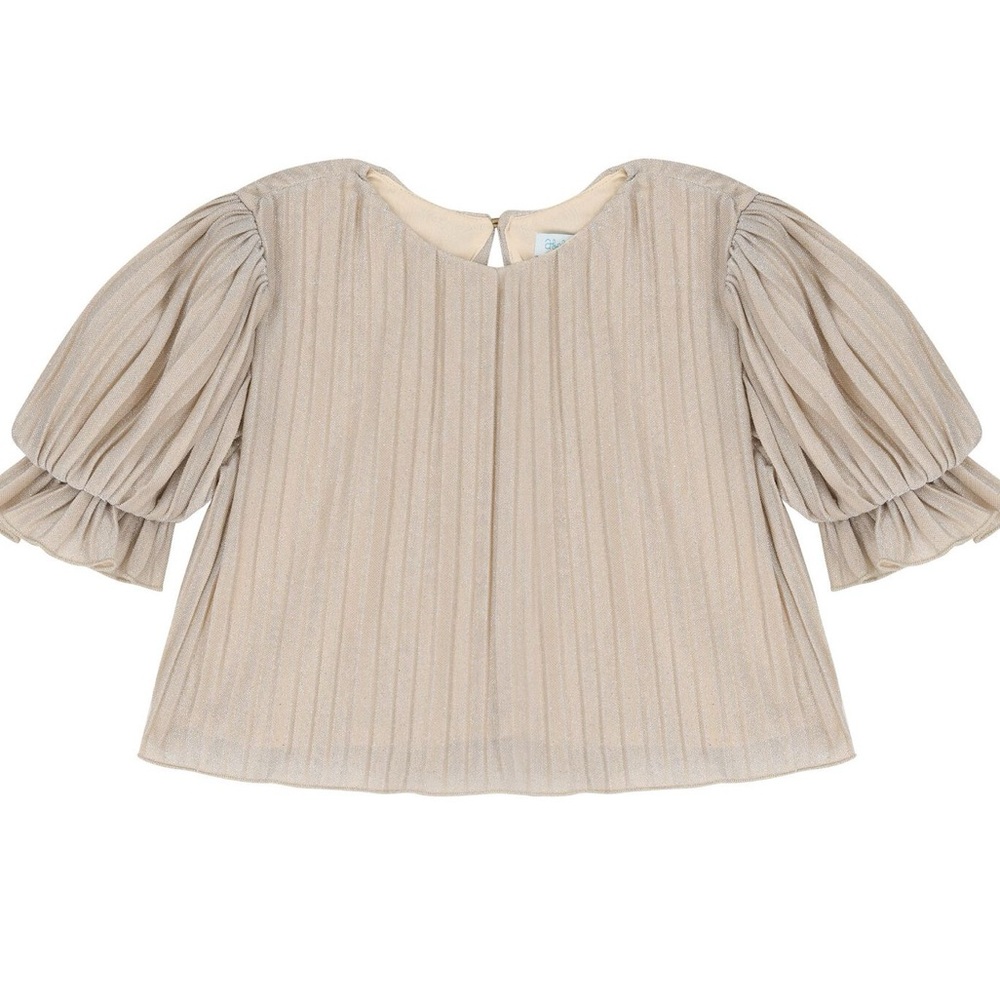 ABEL & LULA Juniors‎ Beige Metallic Puff Sleeve Plisse Cropped Blouse 12 Glam